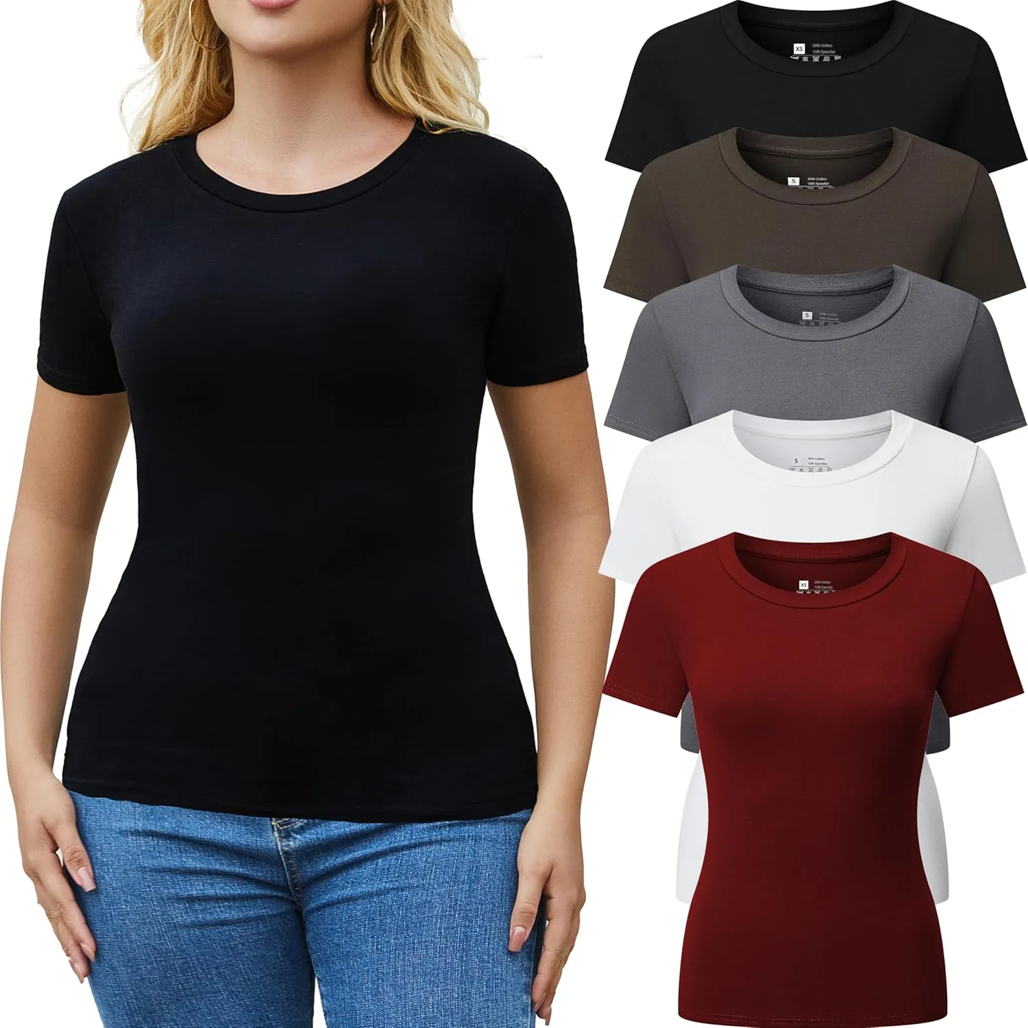 3/5 Pack Crew Neck T Shirts for Women Daily Casual Womens Fitted Tshirt Basic Tops for Women Stretchy Womens Tees