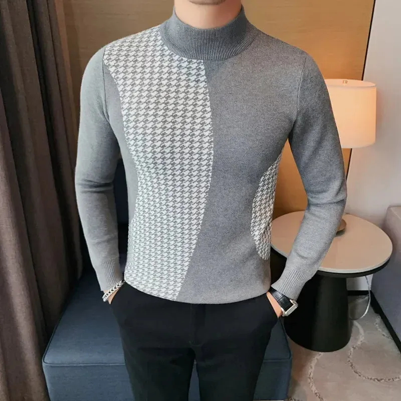 Aidase Men's Warm Winter Knit Sweaters Male Slim Fit Fashion Color Matching Plaid Pullover/Man High-neck Knitted Sweaters 4XL-M