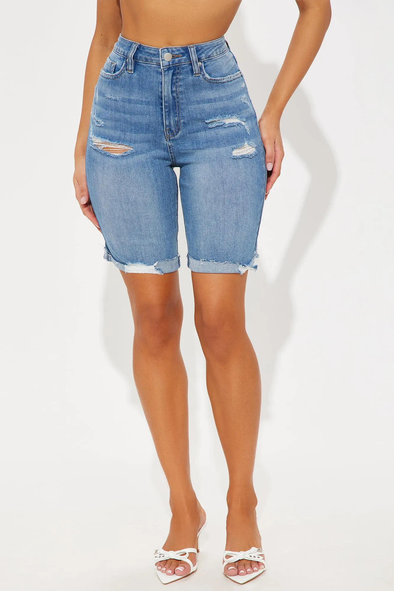 Almost There Stretch Denim Bermuda Shorts - Medium Wash