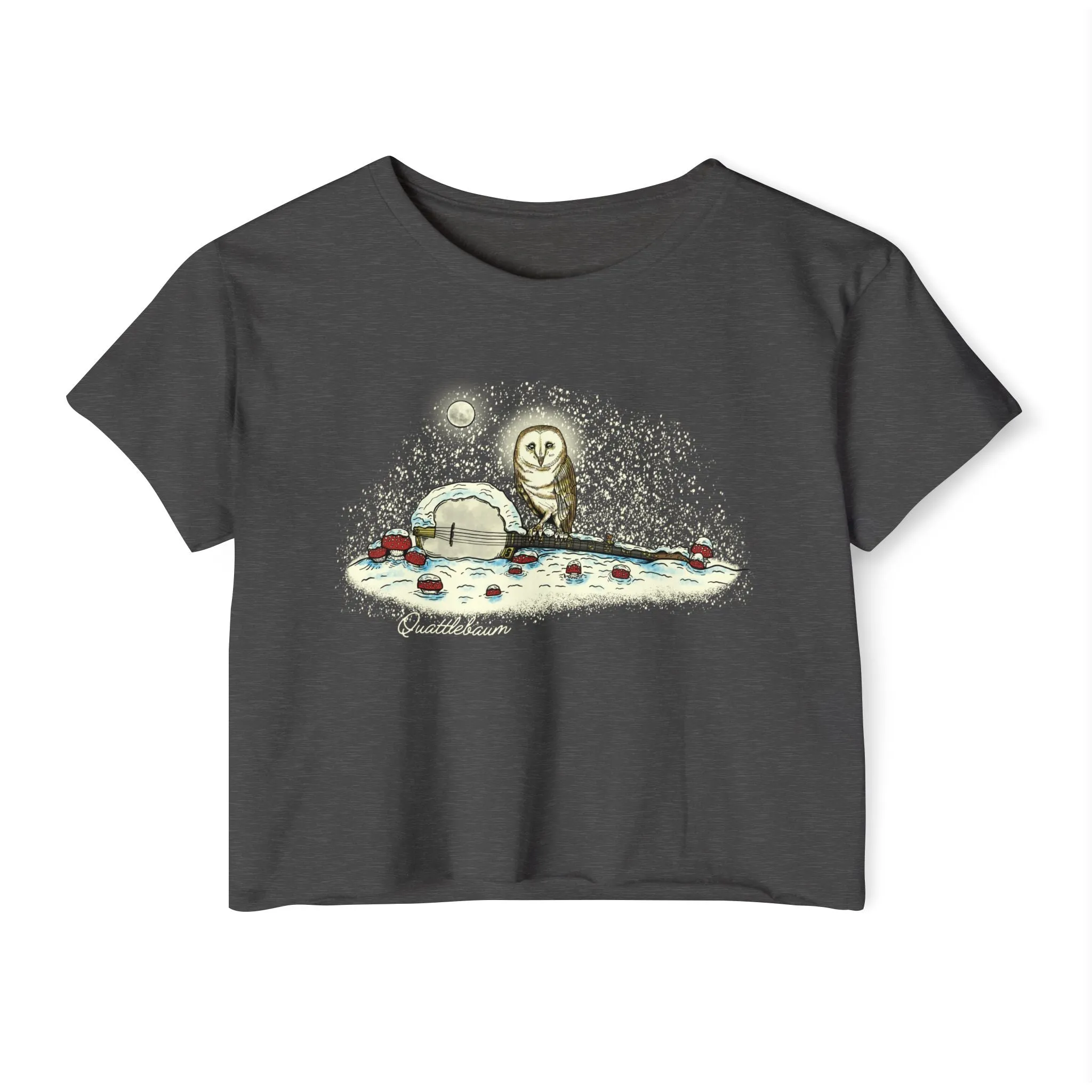 Barn Owl on a Snowy Banjo with Mushrooms! Quattlebaum Crop Top