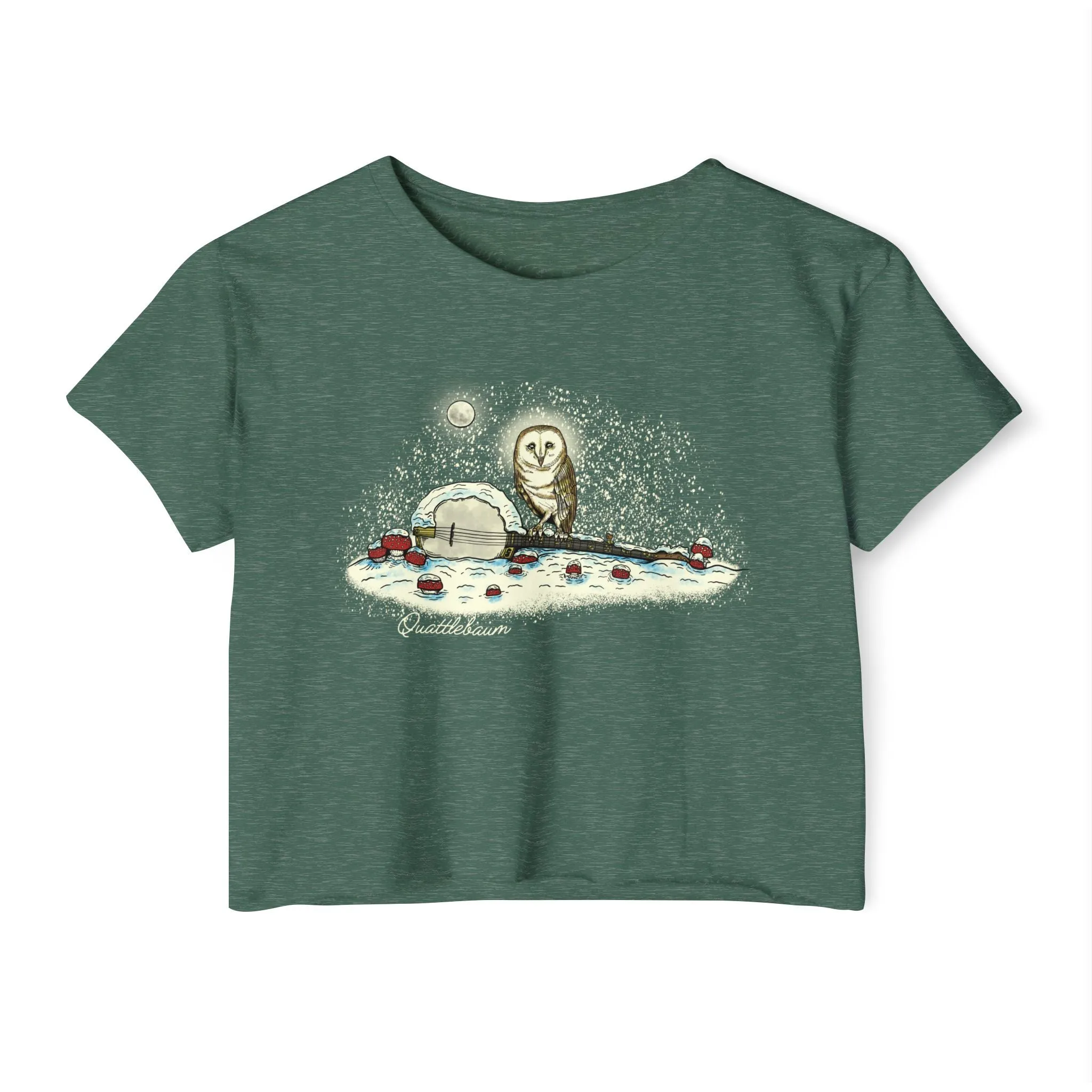 Barn Owl on a Snowy Banjo with Mushrooms! Quattlebaum Crop Top