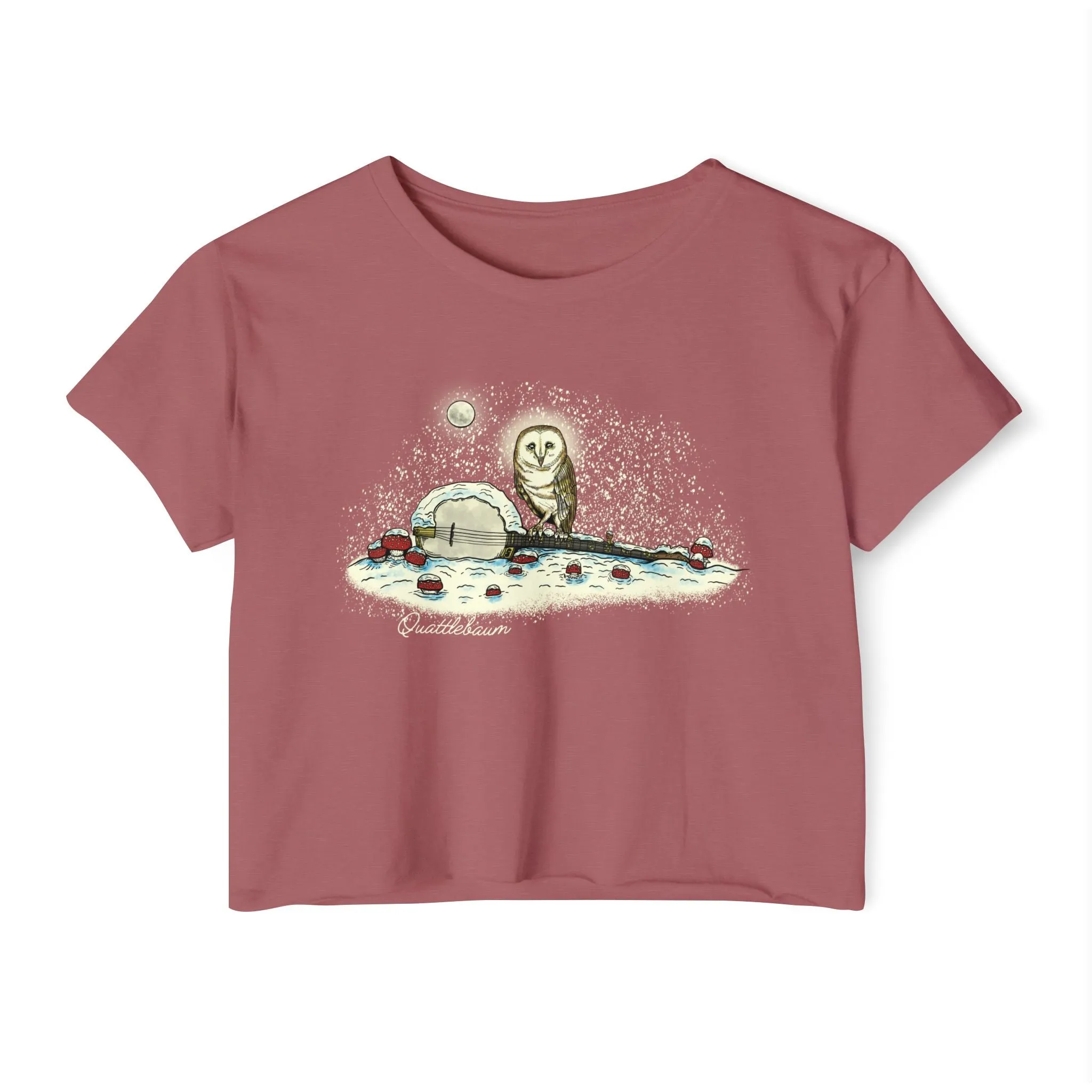 Barn Owl on a Snowy Banjo with Mushrooms! Quattlebaum Crop Top