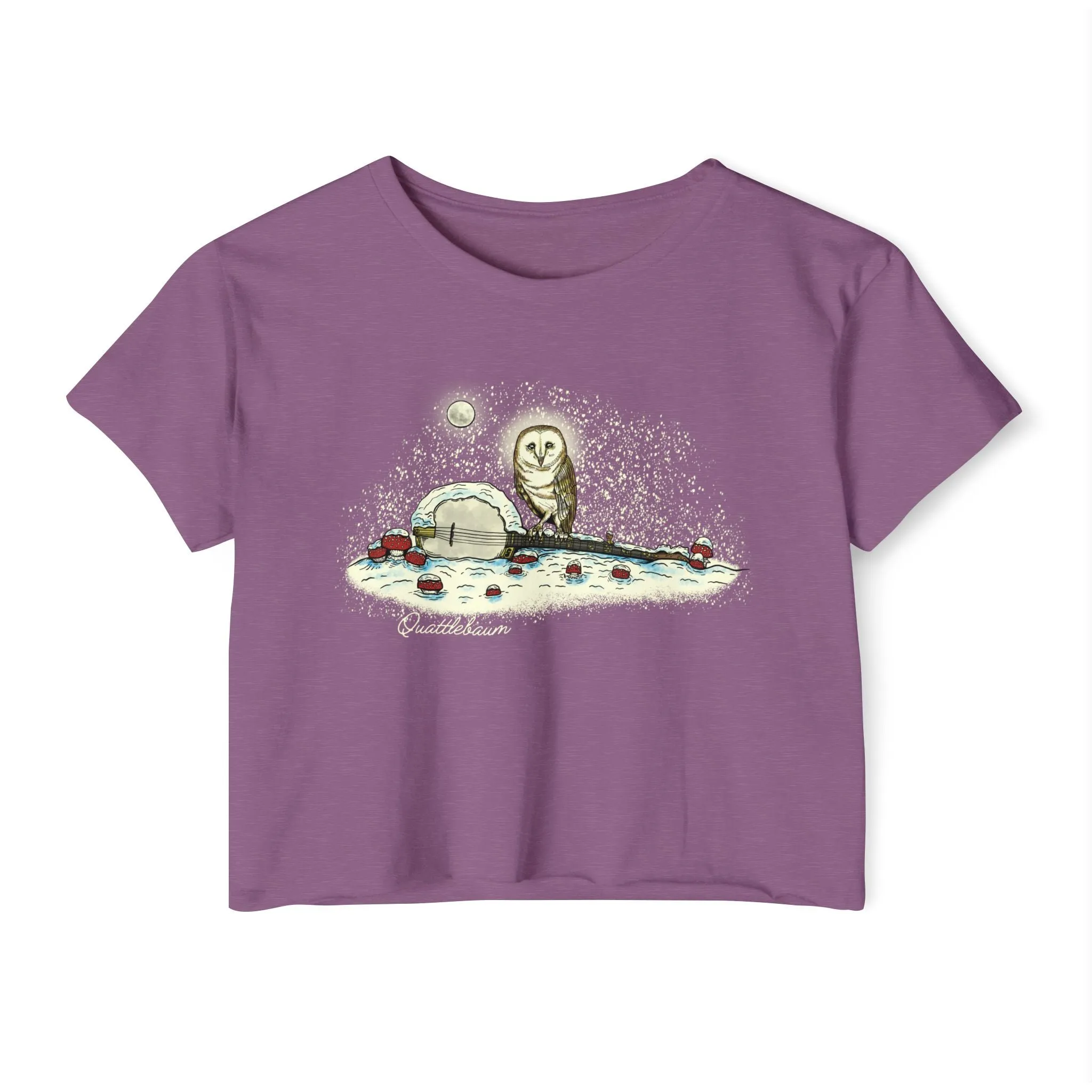 Barn Owl on a Snowy Banjo with Mushrooms! Quattlebaum Crop Top