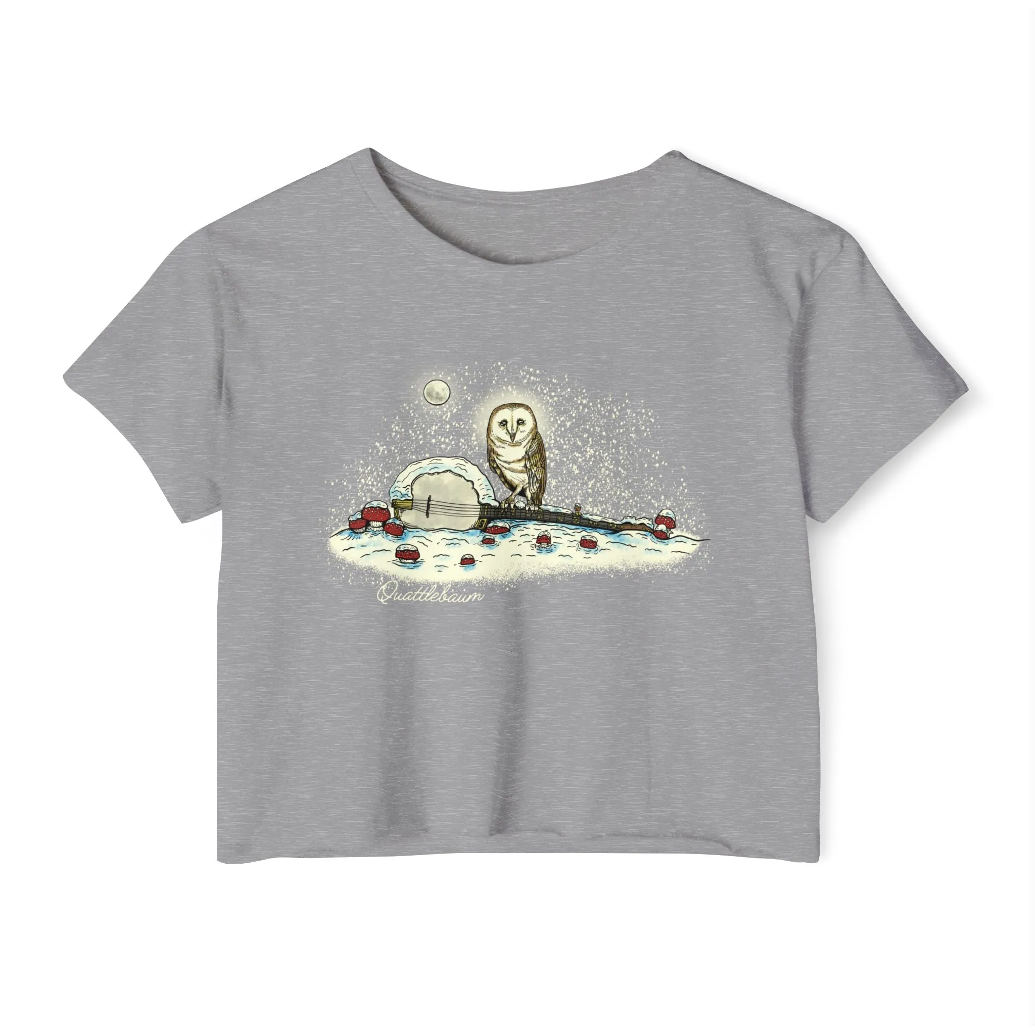 Barn Owl on a Snowy Banjo with Mushrooms! Quattlebaum Crop Top