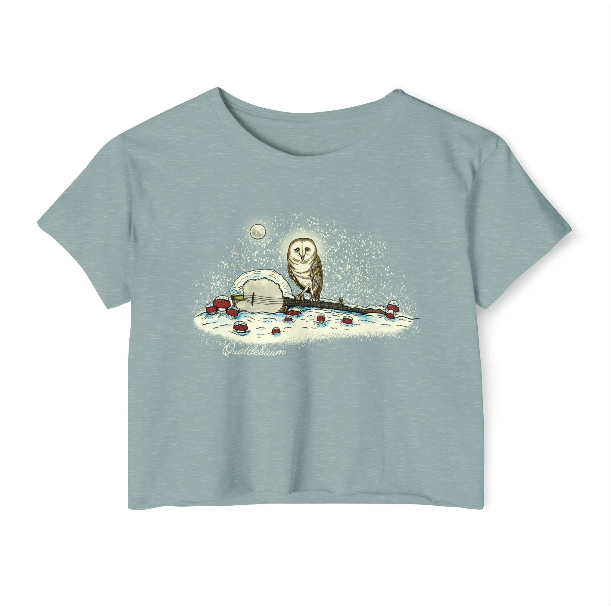 Barn Owl on a Snowy Banjo with Mushrooms! Quattlebaum Crop Top