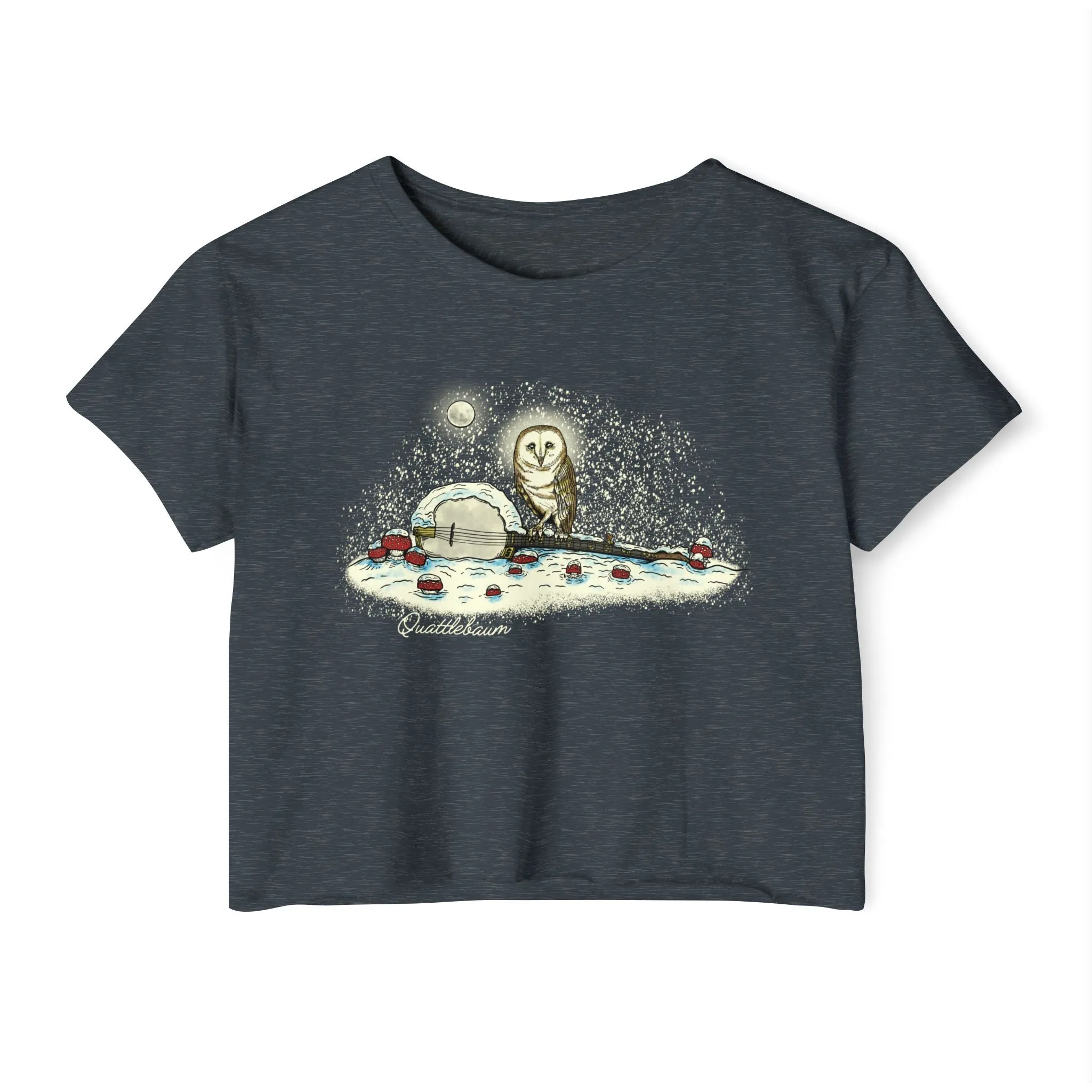Barn Owl on a Snowy Banjo with Mushrooms! Quattlebaum Crop Top