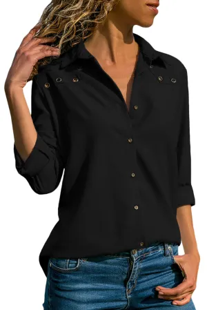 Black Stylish Button Detail Long Sleeve Top