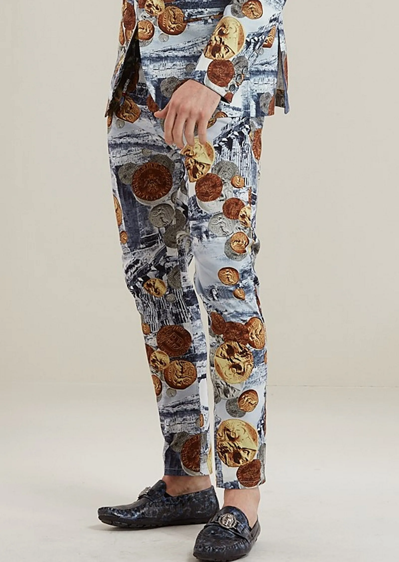 Blue Brown Coin Ancient Print Pants