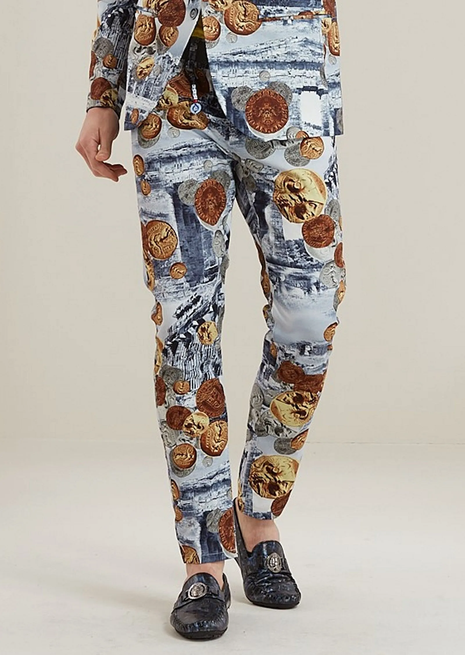 Blue Brown Coin Ancient Print Pants
