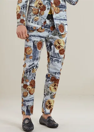 Blue Brown Coin Ancient Print Pants