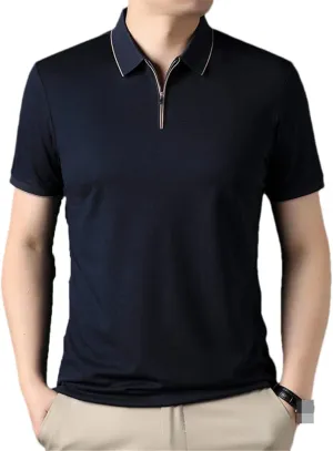 Bollrllr Mulberry Silk Golf Men's Polo Shirts Solid Short Sleeve Zipper Male T-Shirts Cotton Man Tees