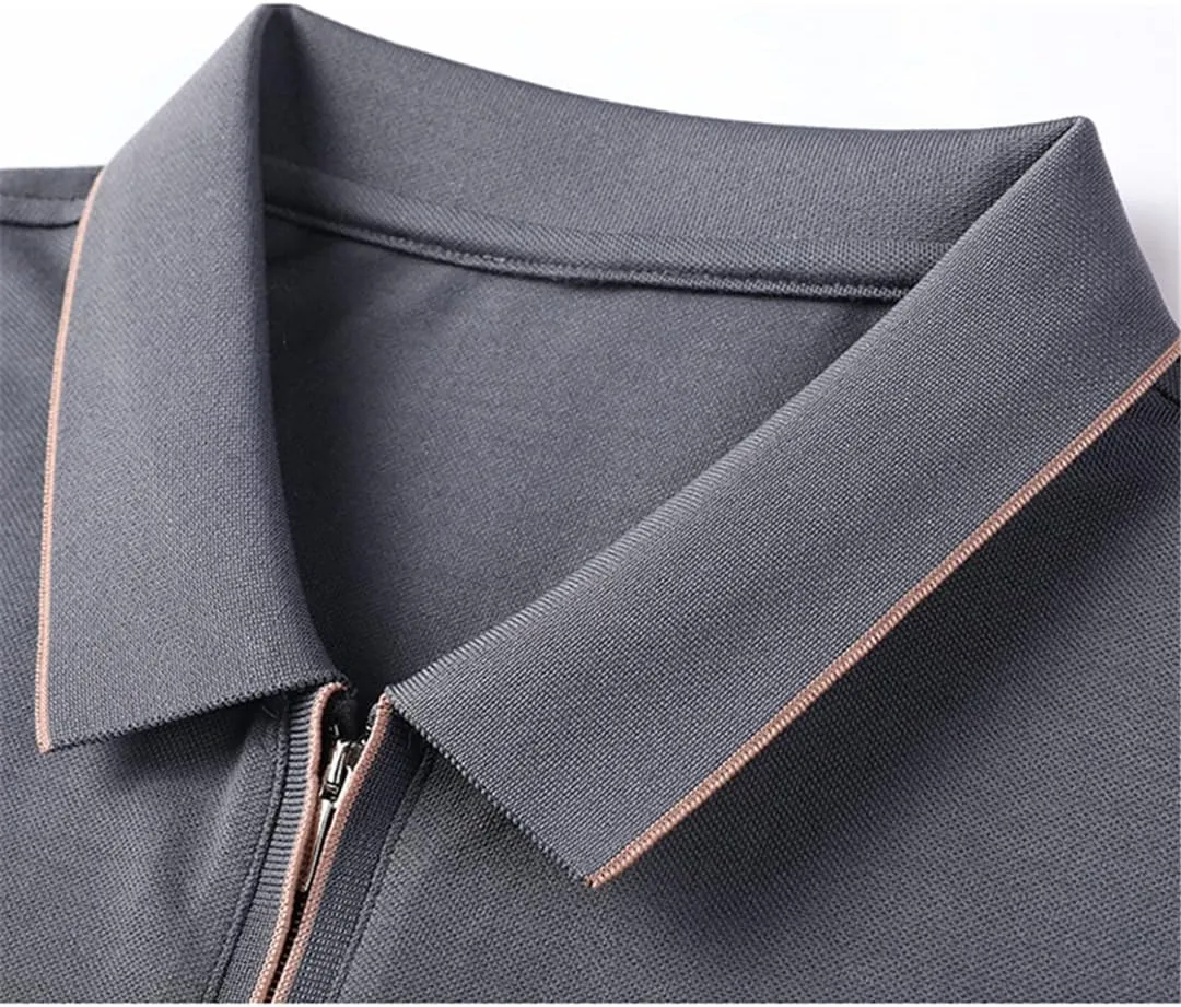 Bollrllr Mulberry Silk Golf Men's Polo Shirts Solid Short Sleeve Zipper Male T-Shirts Cotton Man Tees