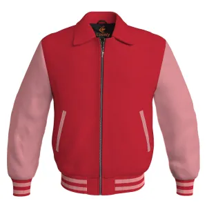 Bomber Classic Jacket Red Body and Pink Leather Sleeves
