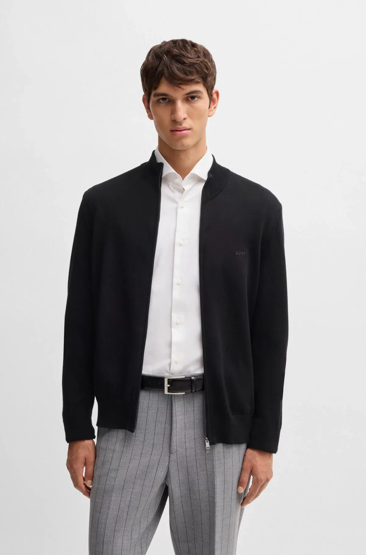 Boss Knitted Zip-Up Cardigan in Cotton with Embroidered Logo