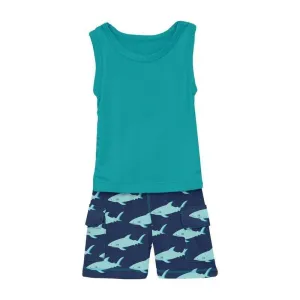 Boy's Print Bamboo Tank & Cargo Short Outfit Set - Flag Blue Sharky