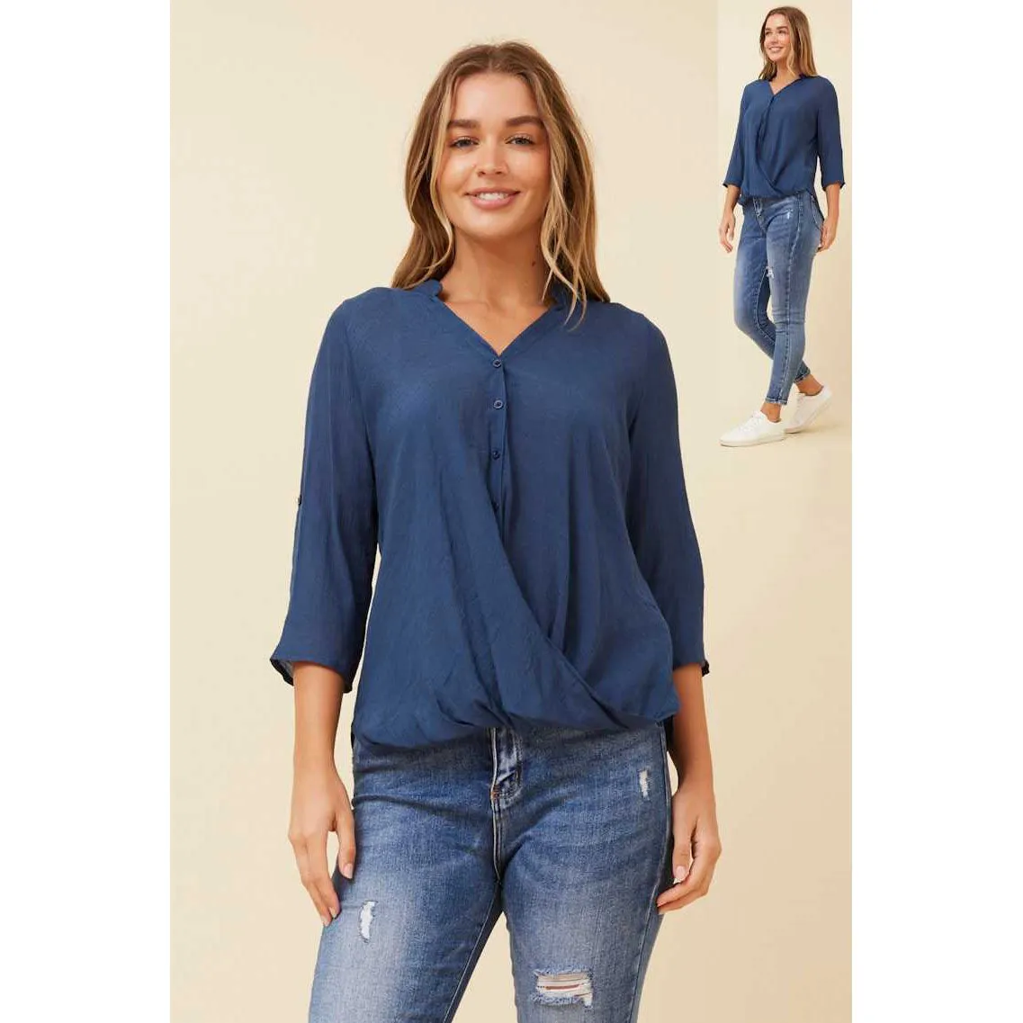Button Front Shirt With Cross Over Bottom - Navy