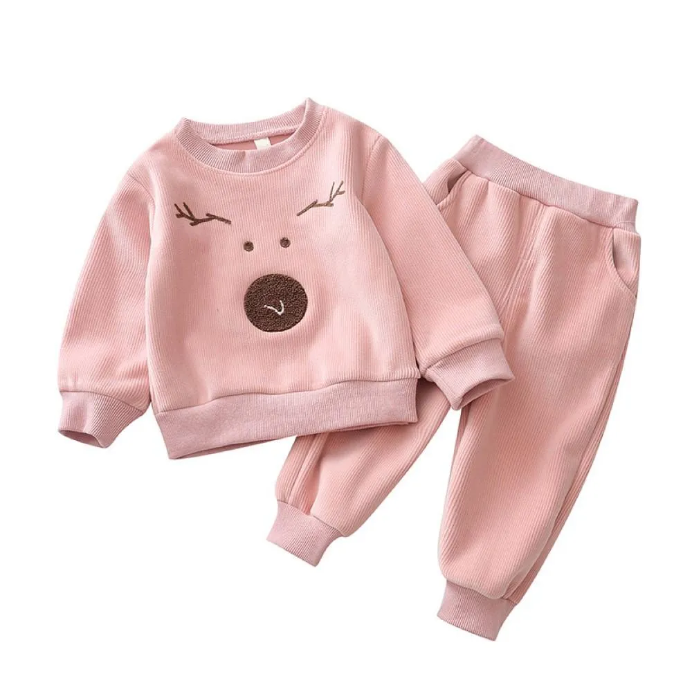Corduroy Sports Long Sleeve Animal Printed Top & Pants Girls Clothing Wholesale