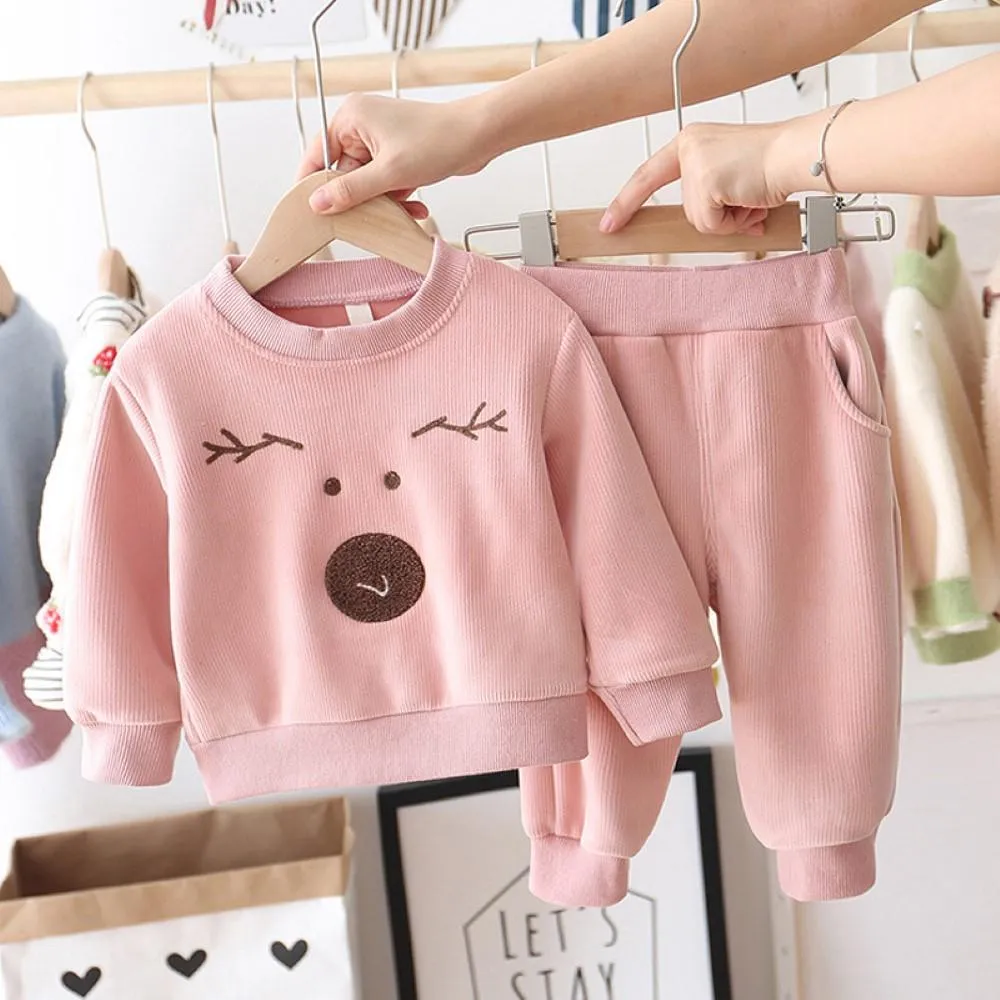 Corduroy Sports Long Sleeve Animal Printed Top & Pants Girls Clothing Wholesale