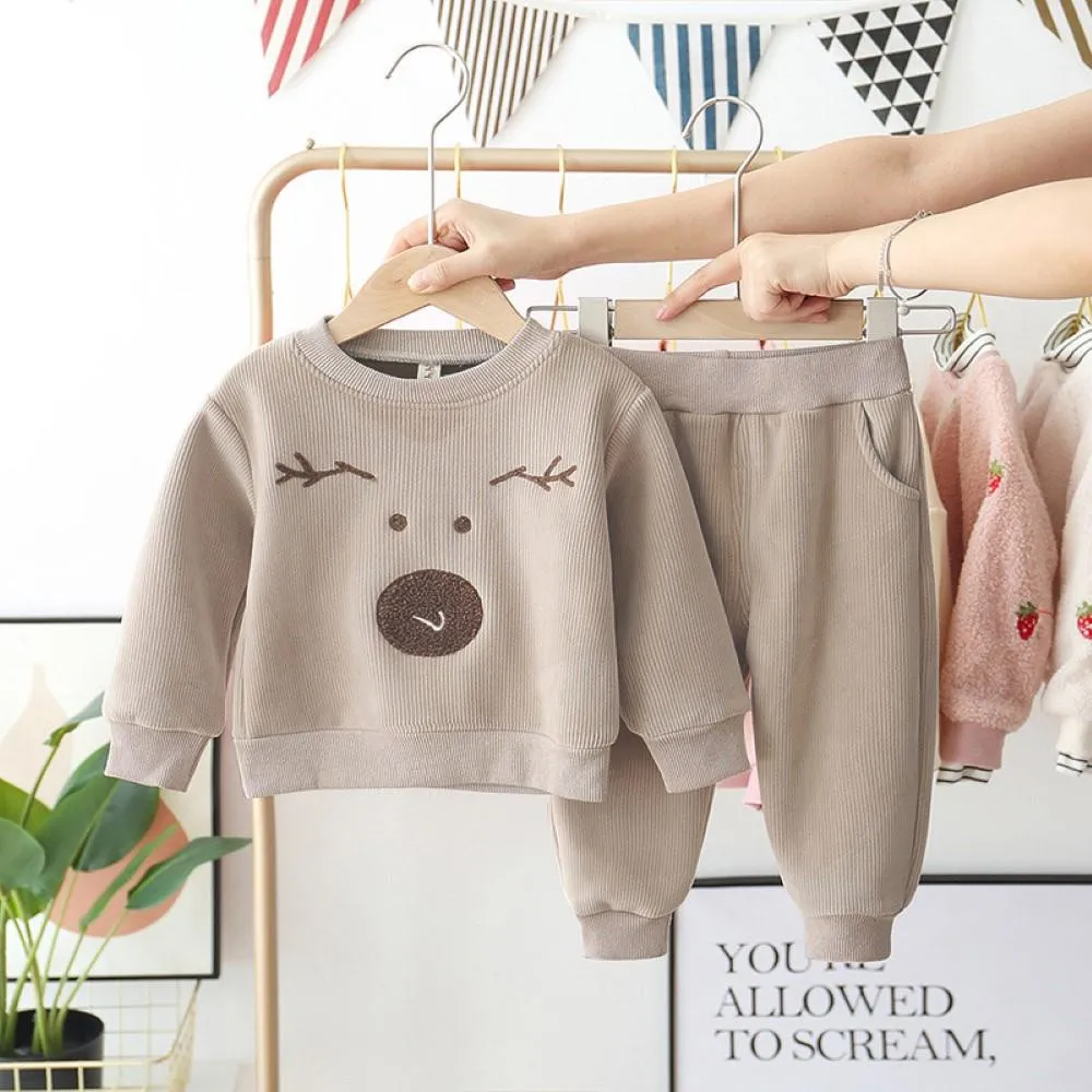 Corduroy Sports Long Sleeve Animal Printed Top & Pants Girls Clothing Wholesale