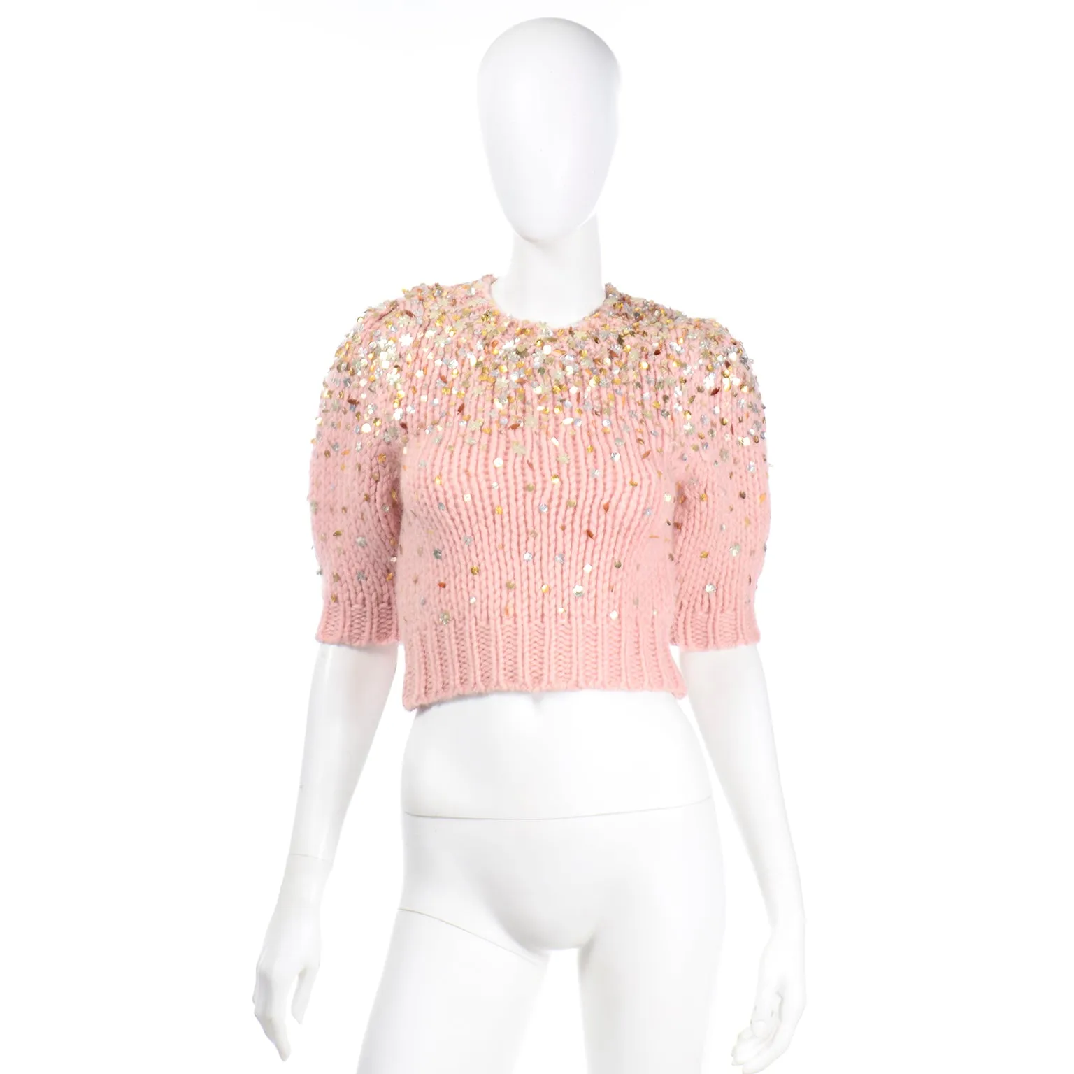 Dries Van Noten Pink Mohair Wool Cropped Sweater with Sequins