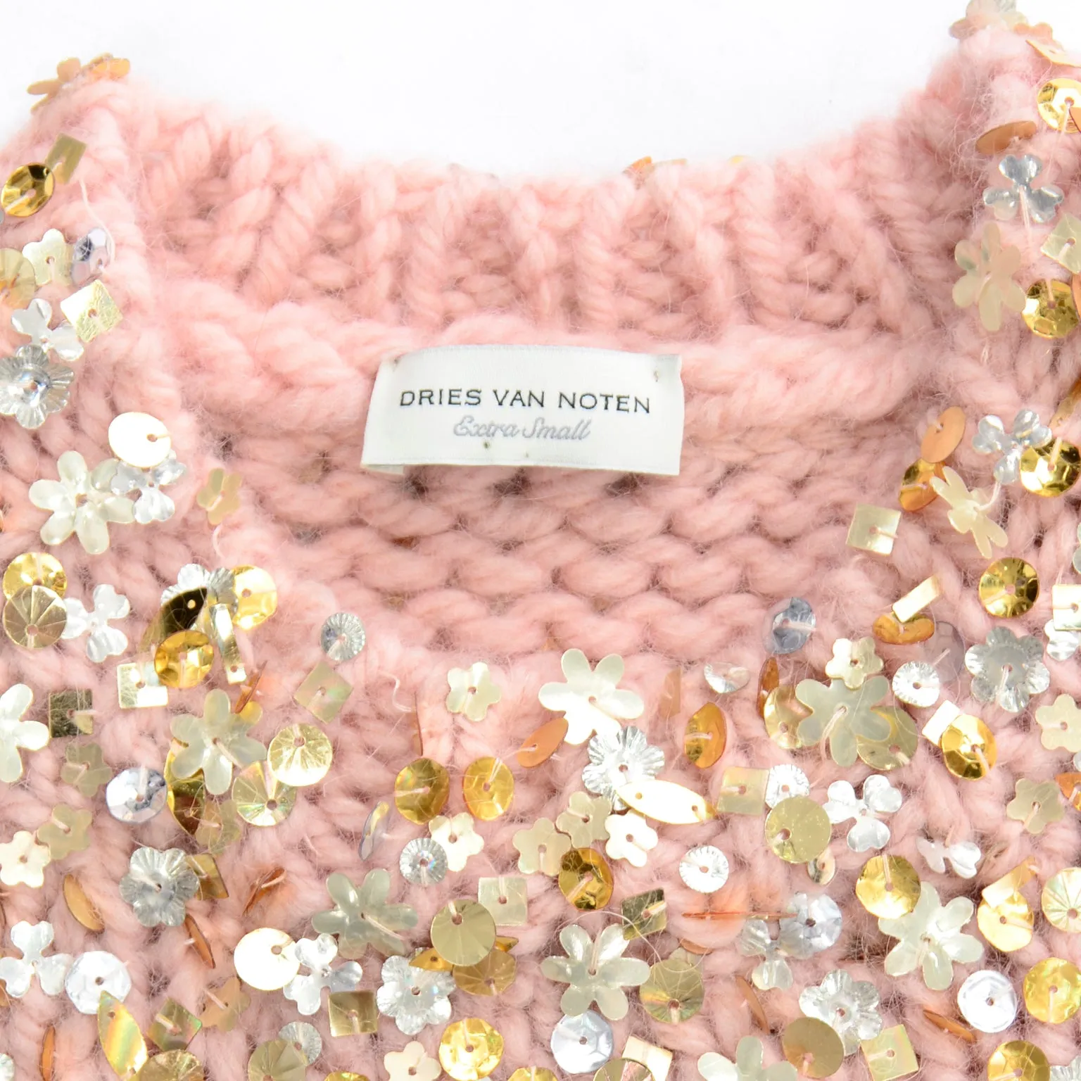 Dries Van Noten Pink Mohair Wool Cropped Sweater with Sequins