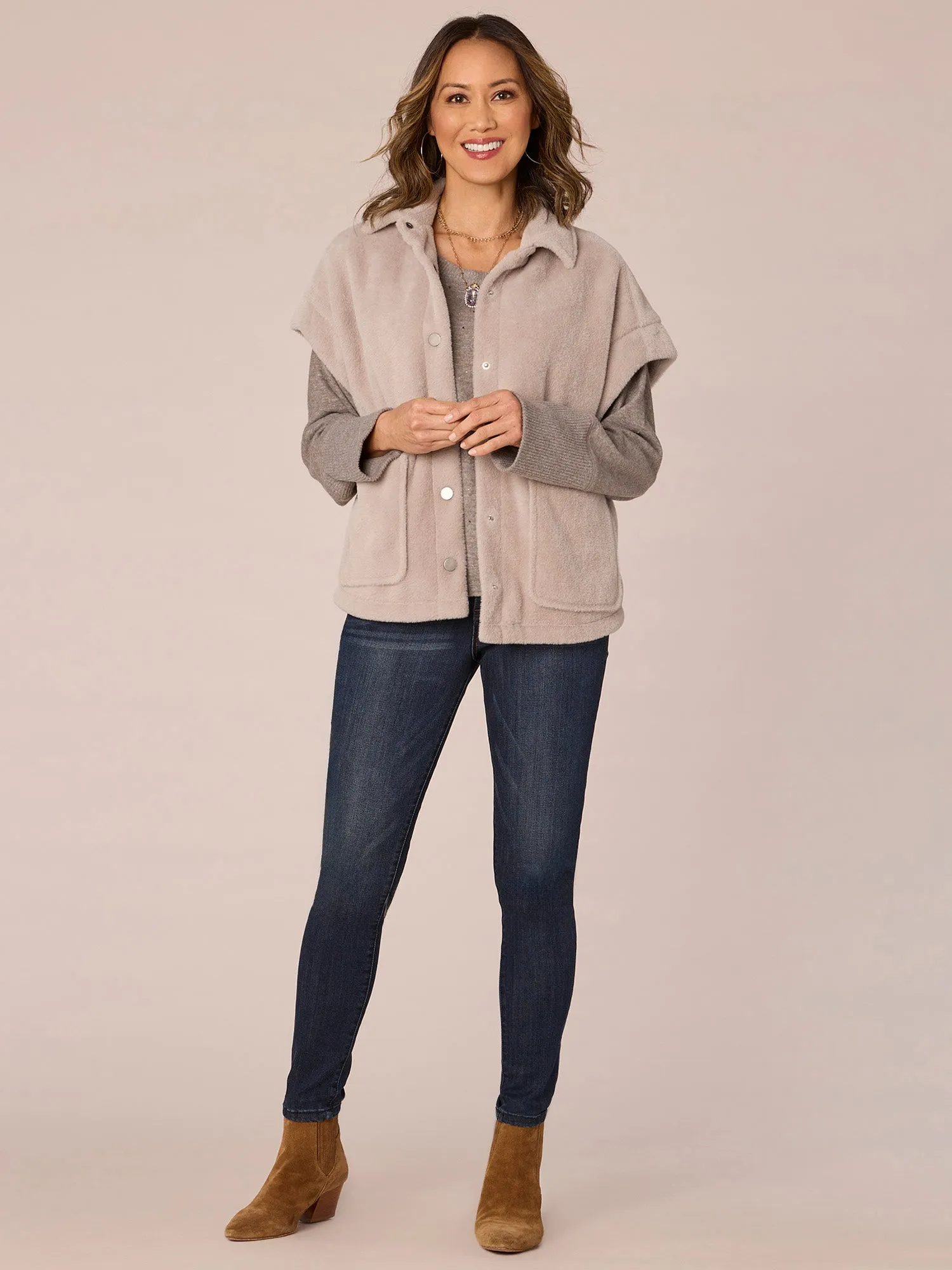 Extended Drop Shoulder Sleeve Button Front Patch Pocket Knit Vest