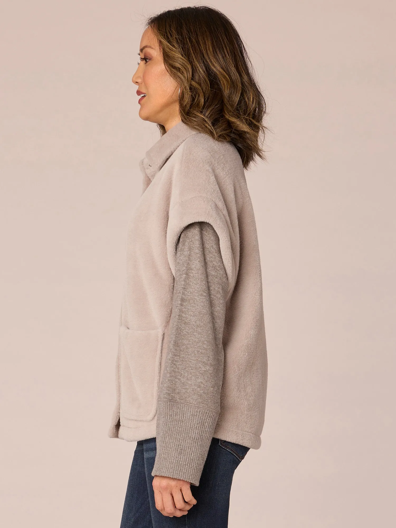 Extended Drop Shoulder Sleeve Button Front Patch Pocket Knit Vest