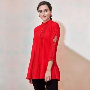 Eye-Catching Red Colored Partywear Embroidered Rayon Western Top