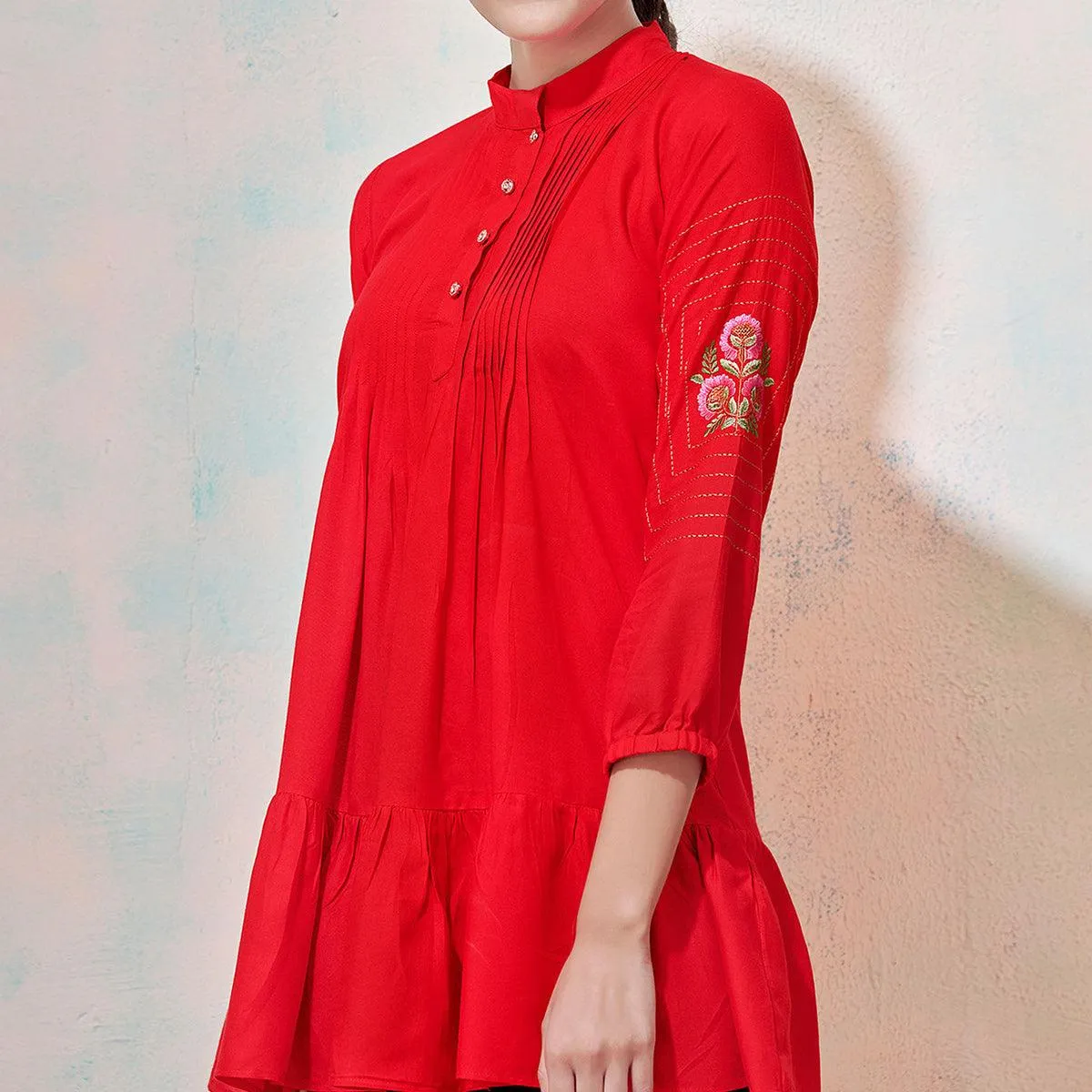 Eye-Catching Red Colored Partywear Embroidered Rayon Western Top