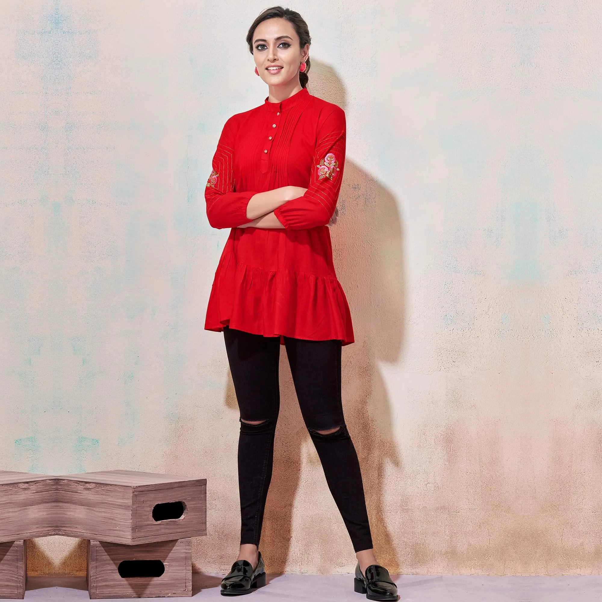 Eye-Catching Red Colored Partywear Embroidered Rayon Western Top