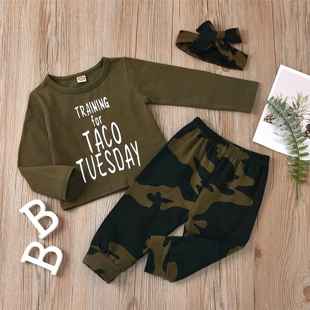Girls Camo Letter Printed Long Sleeve Top & Pants Wholesale Girls