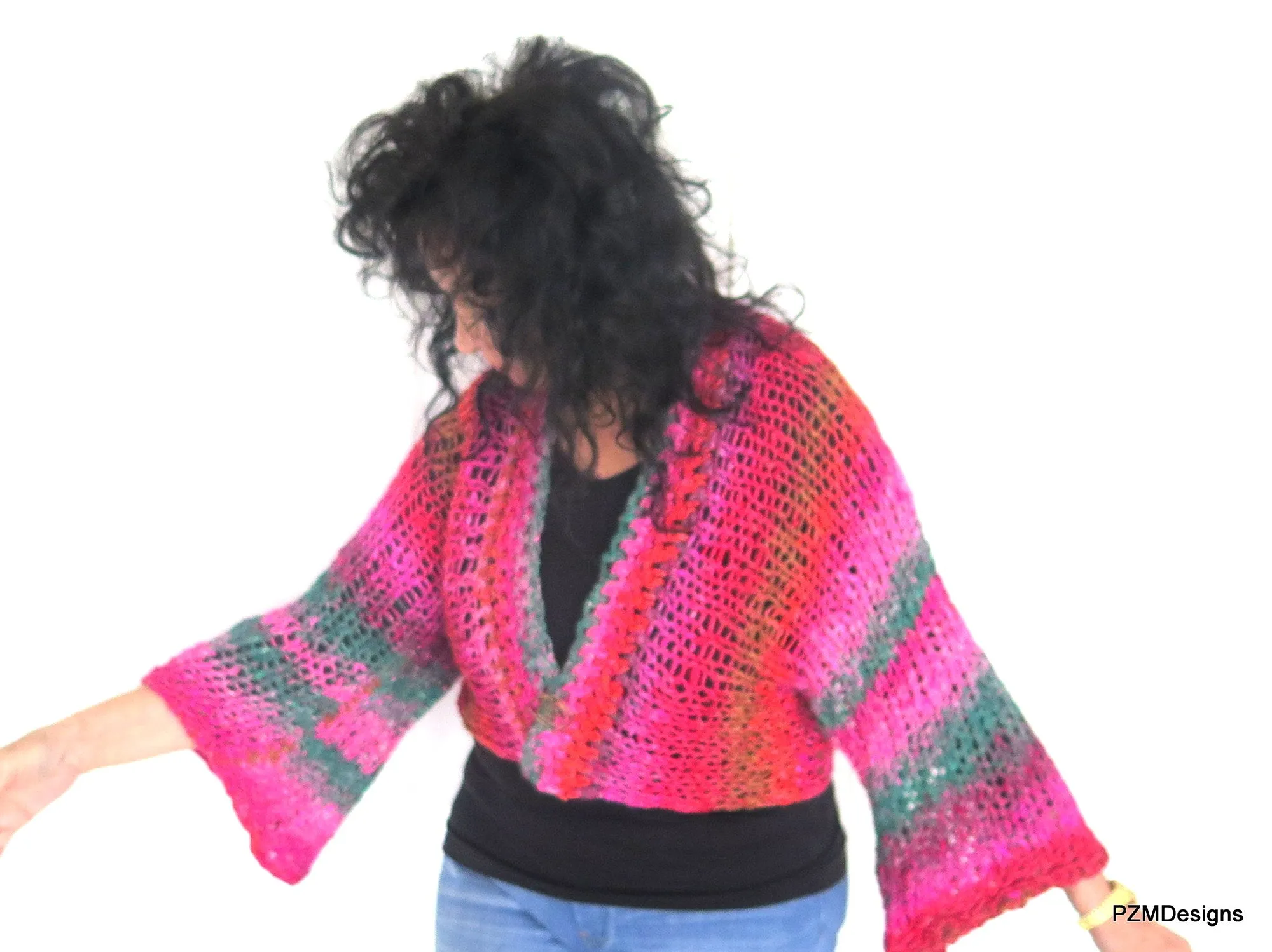 Hand Knit Plus Size Layering Shrug, Red and Pink Noro Cardigan