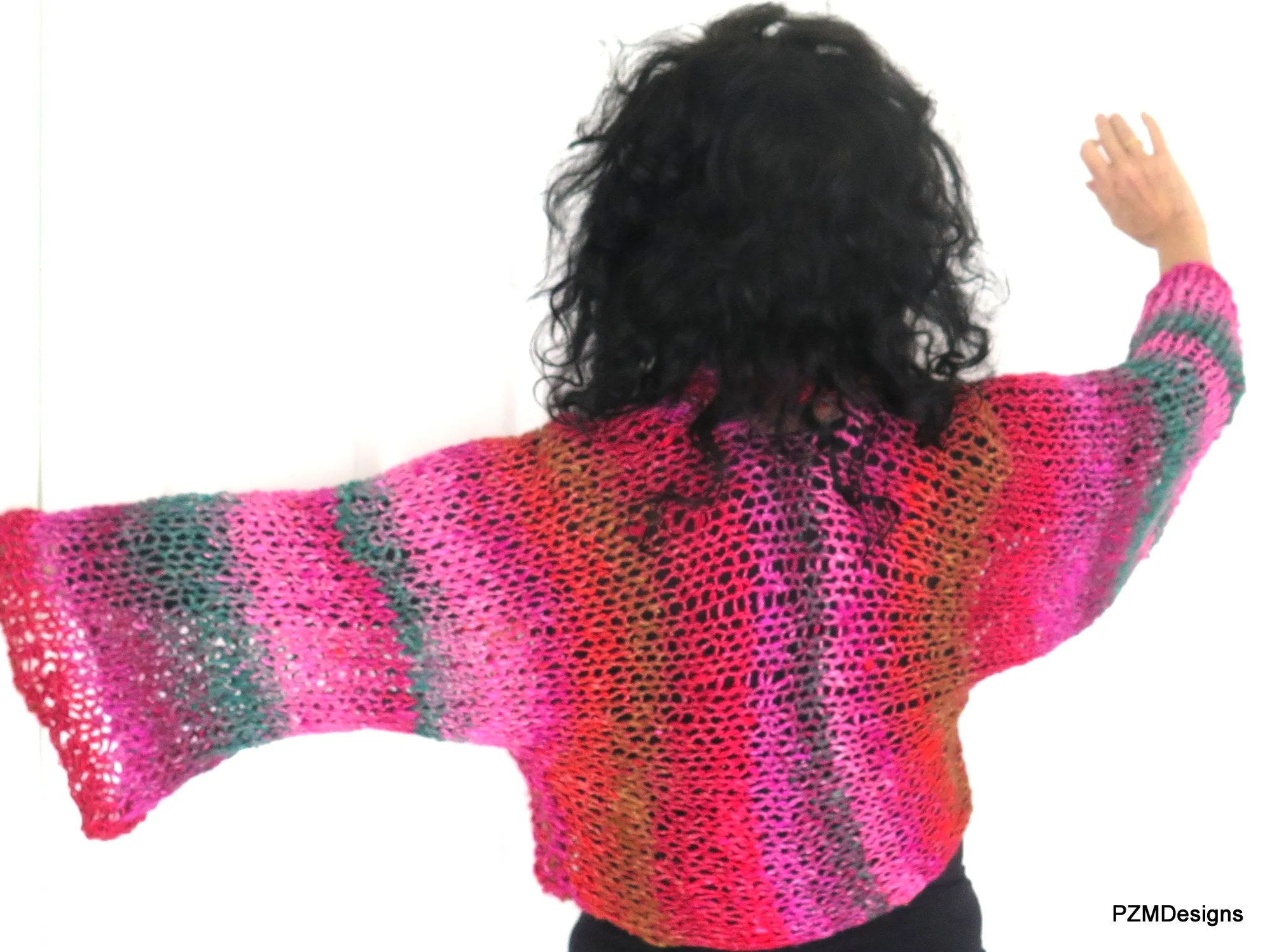 Hand Knit Plus Size Layering Shrug, Red and Pink Noro Cardigan