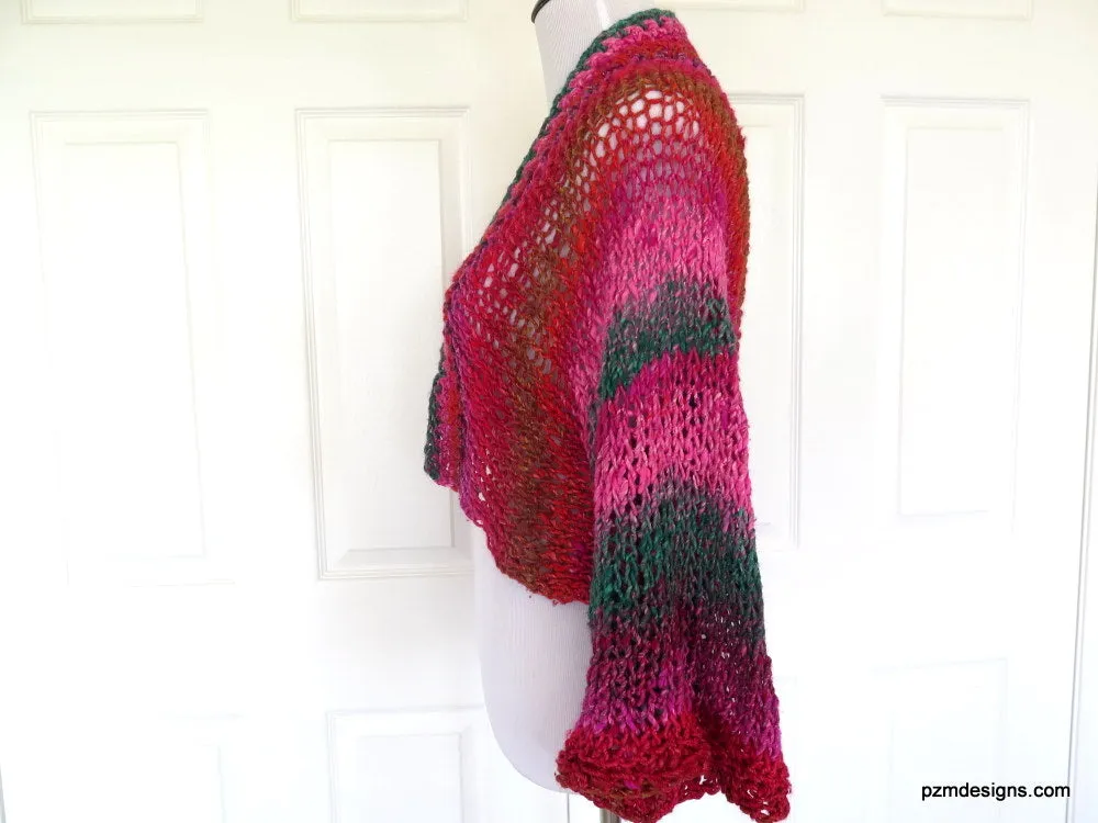 Hand Knit Plus Size Layering Shrug, Red and Pink Noro Cardigan