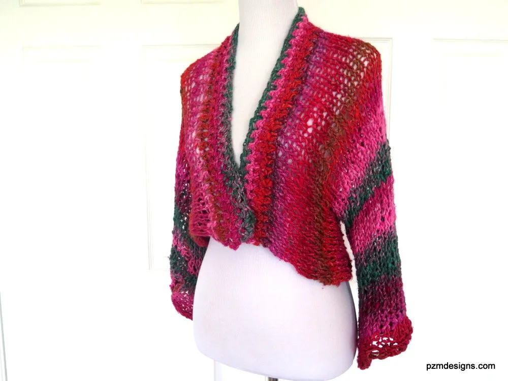 Hand Knit Plus Size Layering Shrug, Red and Pink Noro Cardigan