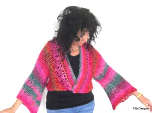 Hand Knit Plus Size Layering Shrug, Red and Pink Noro Cardigan