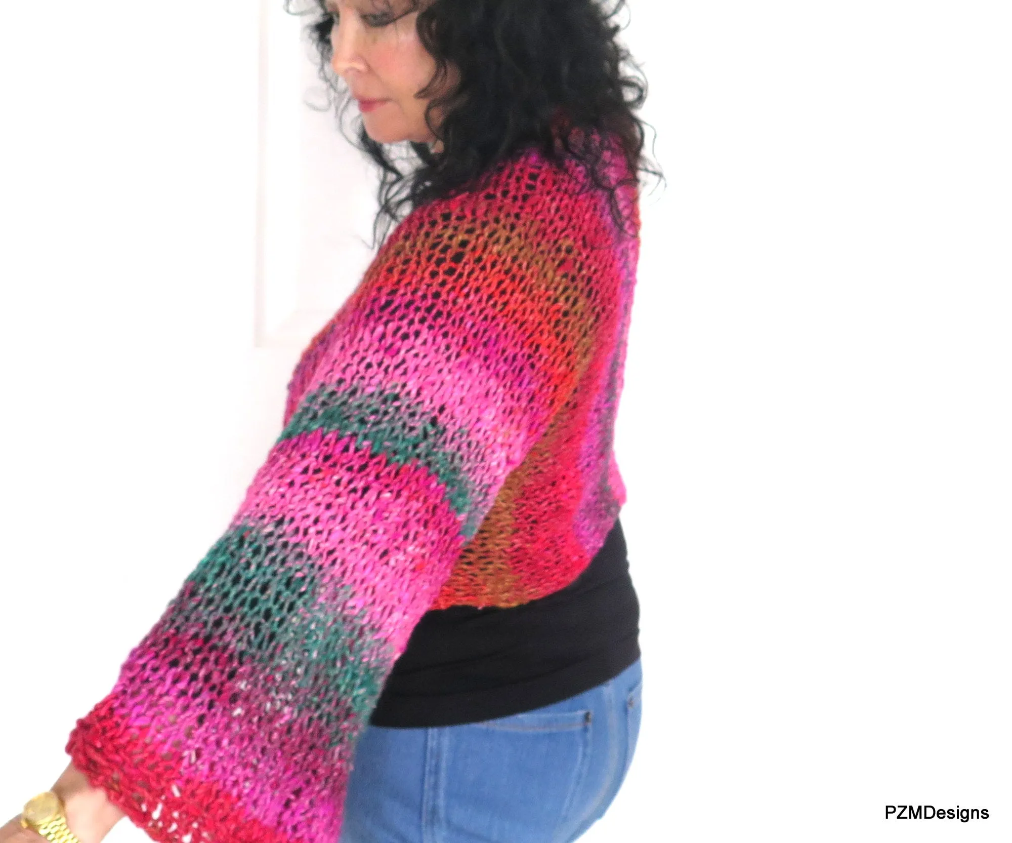 Hand Knit Plus Size Layering Shrug, Red and Pink Noro Cardigan