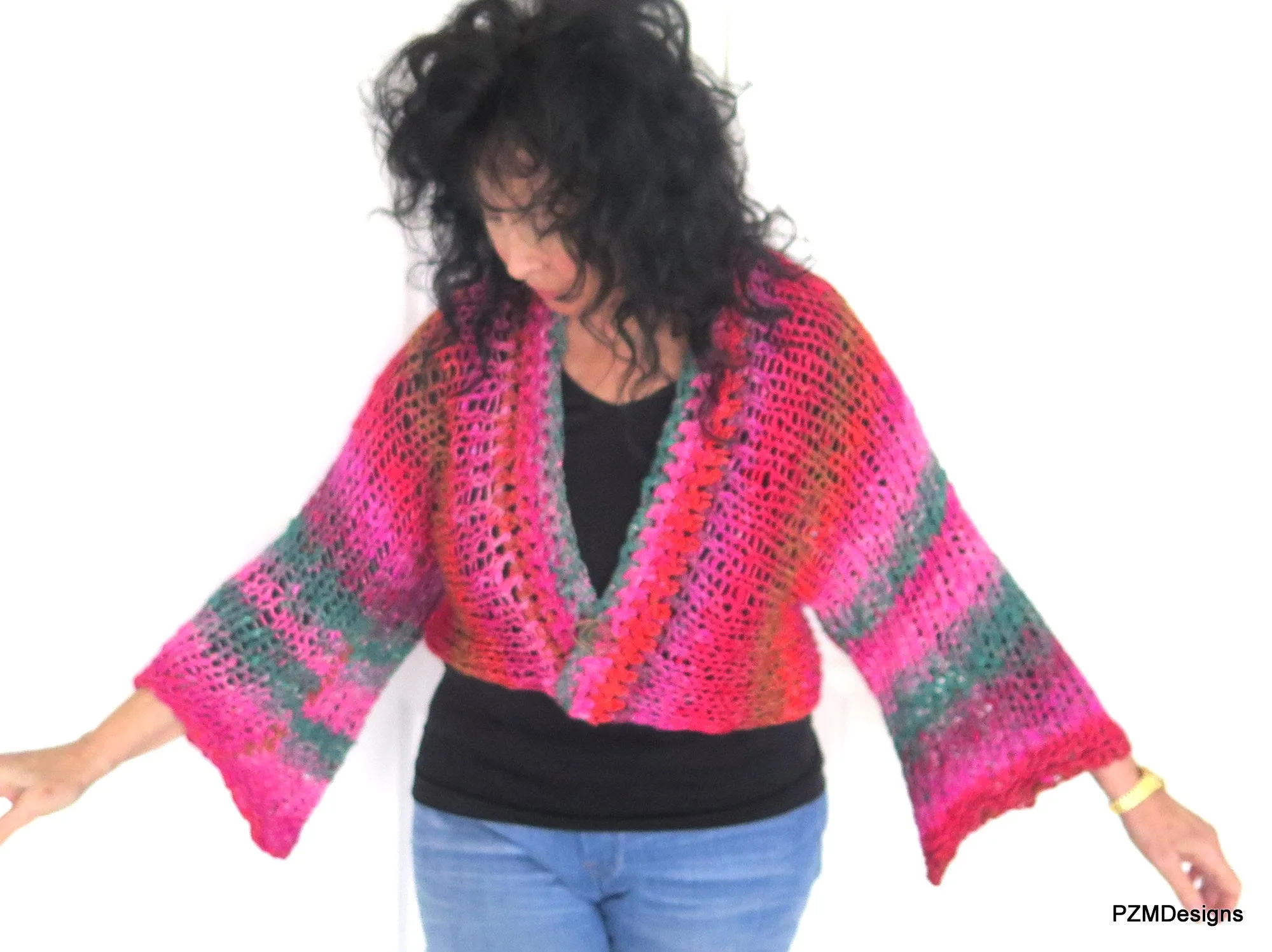 Hand Knit Plus Size Layering Shrug, Red and Pink Noro Cardigan