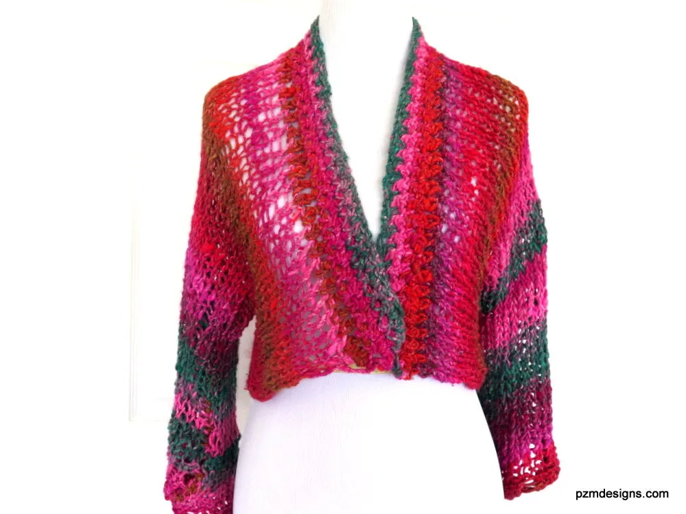 Hand Knit Plus Size Layering Shrug, Red and Pink Noro Cardigan