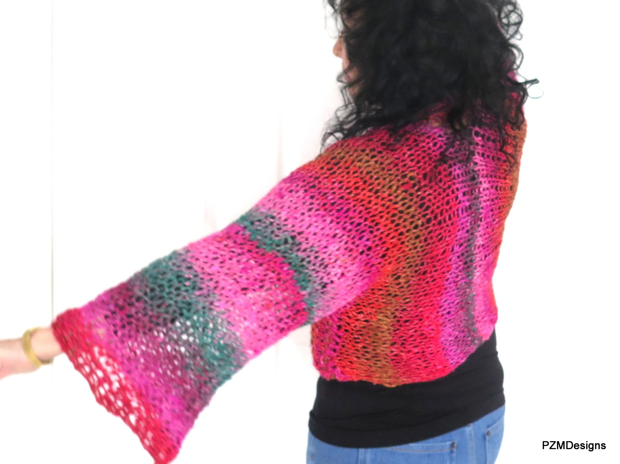 Hand Knit Plus Size Layering Shrug, Red and Pink Noro Cardigan