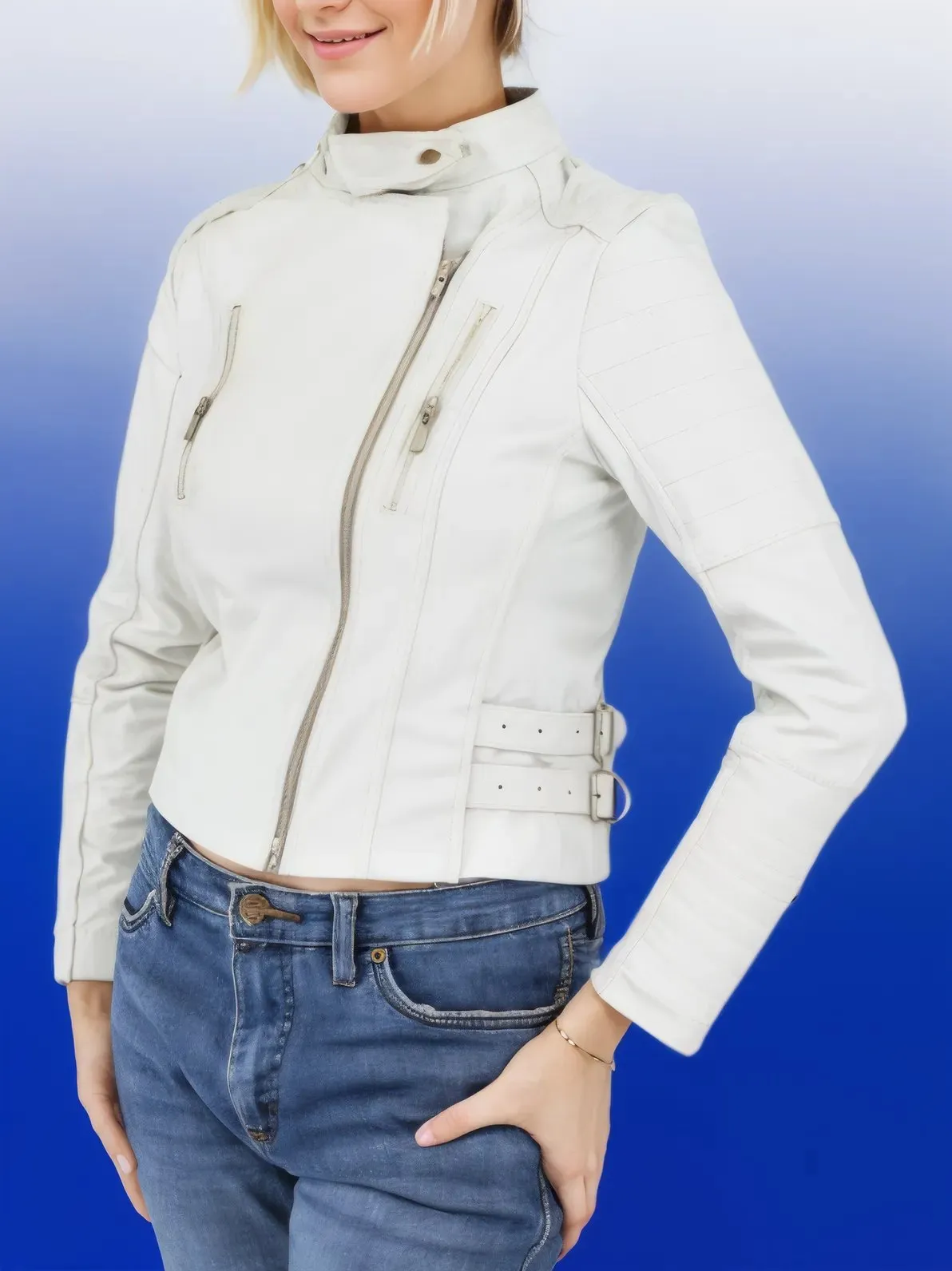Handcrafted Women's Sheepskin Leather Biker Jacket – Premium Biker Style White