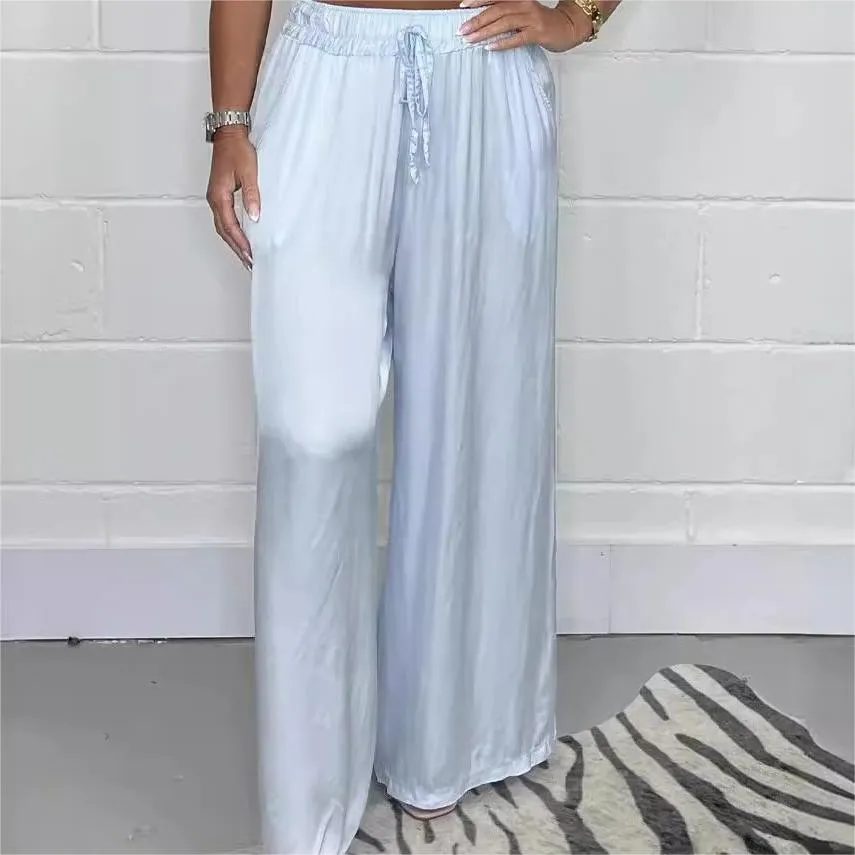 Hot SaleStylish Drawstring Waist Straight Leg Smooth Loose Trousers with Pockets
