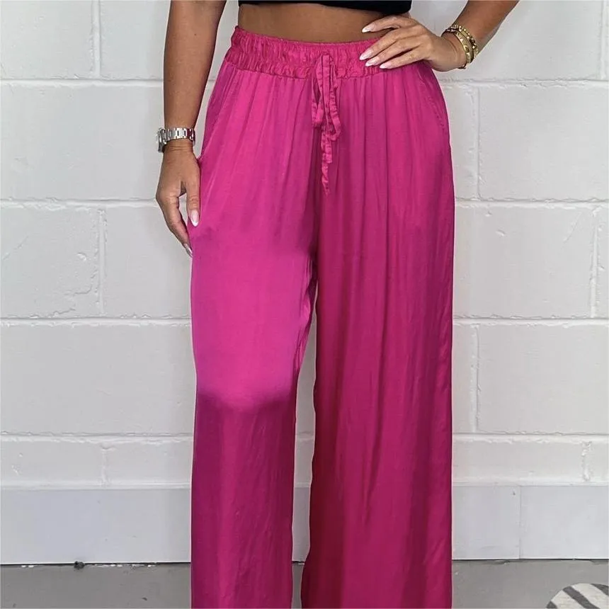 Hot SaleStylish Drawstring Waist Straight Leg Smooth Loose Trousers with Pockets