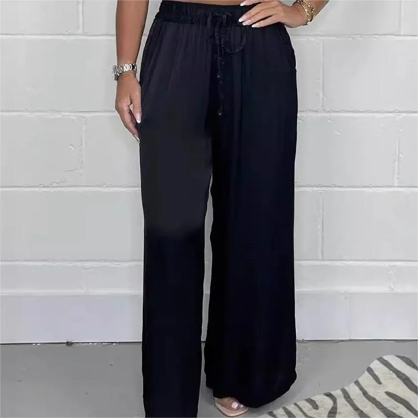 Hot SaleStylish Drawstring Waist Straight Leg Smooth Loose Trousers with Pockets