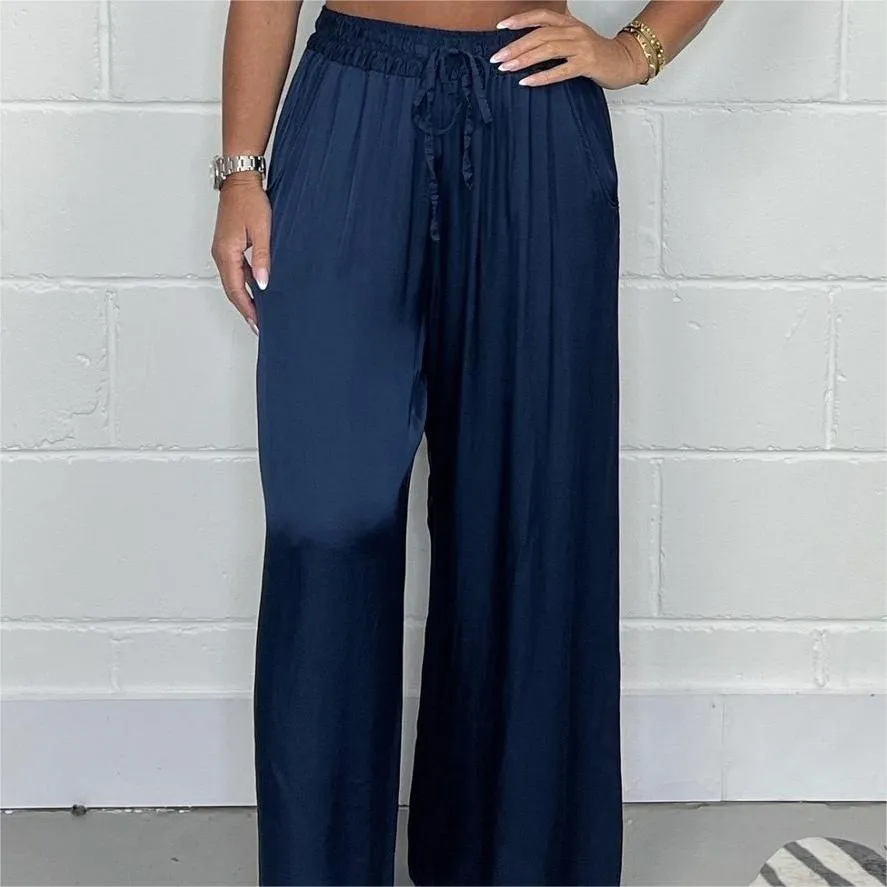 Hot SaleStylish Drawstring Waist Straight Leg Smooth Loose Trousers with Pockets