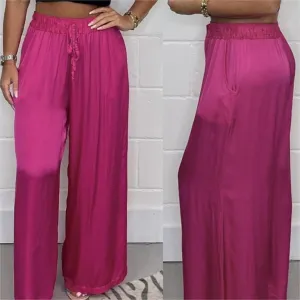 Hot SaleStylish Drawstring Waist Straight Leg Smooth Loose Trousers with Pockets