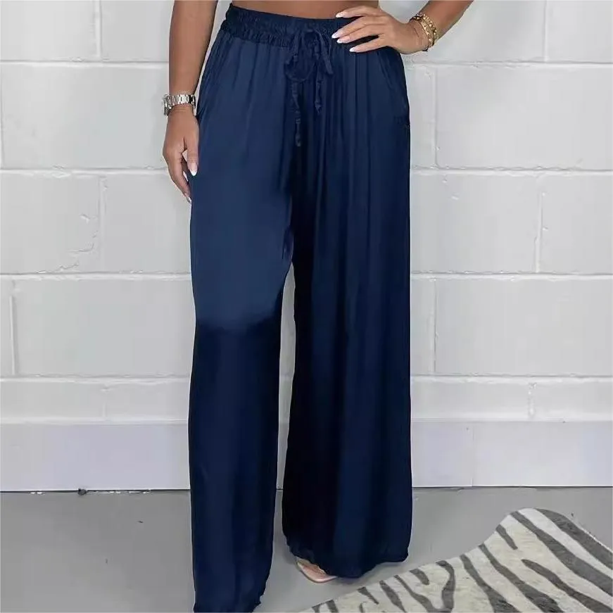 Hot SaleStylish Drawstring Waist Straight Leg Smooth Loose Trousers with Pockets