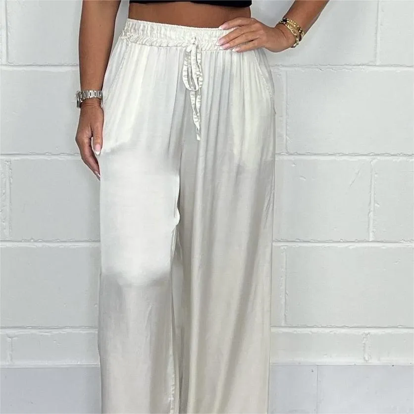 Hot SaleStylish Drawstring Waist Straight Leg Smooth Loose Trousers with Pockets