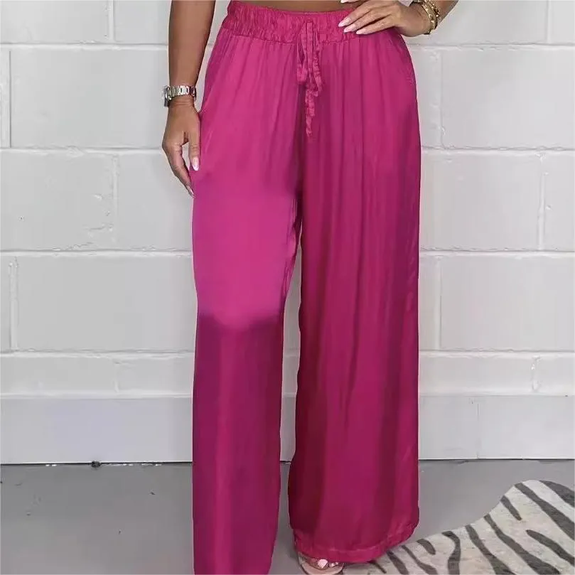 Hot SaleStylish Drawstring Waist Straight Leg Smooth Loose Trousers with Pockets