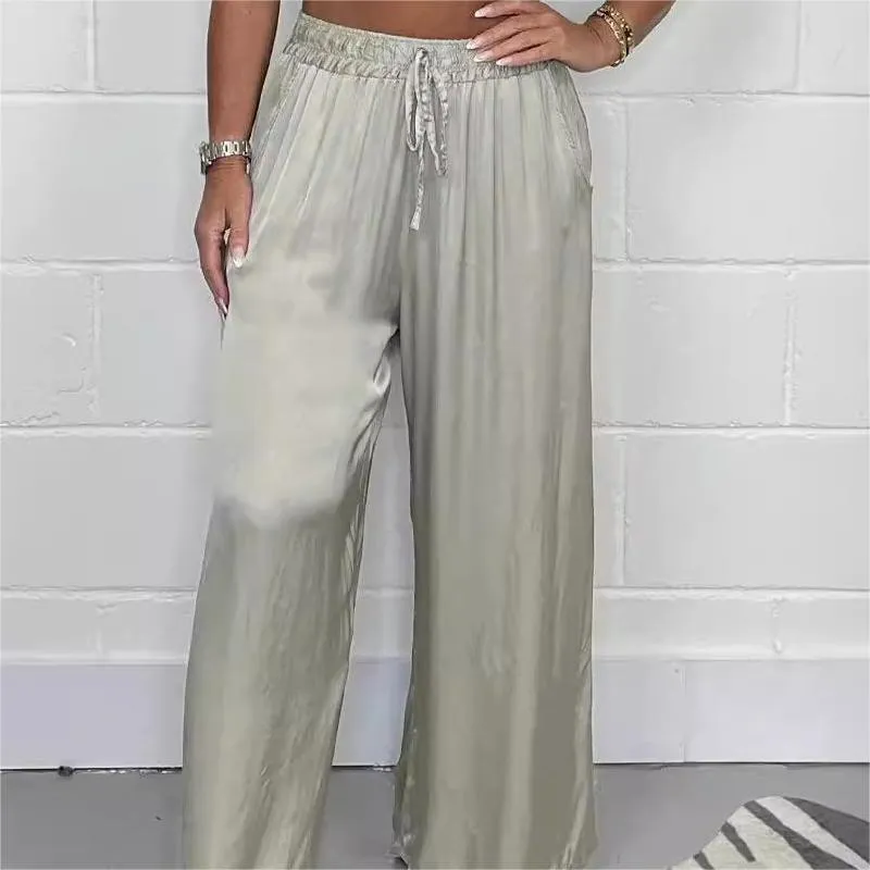 Hot SaleStylish Drawstring Waist Straight Leg Smooth Loose Trousers with Pockets